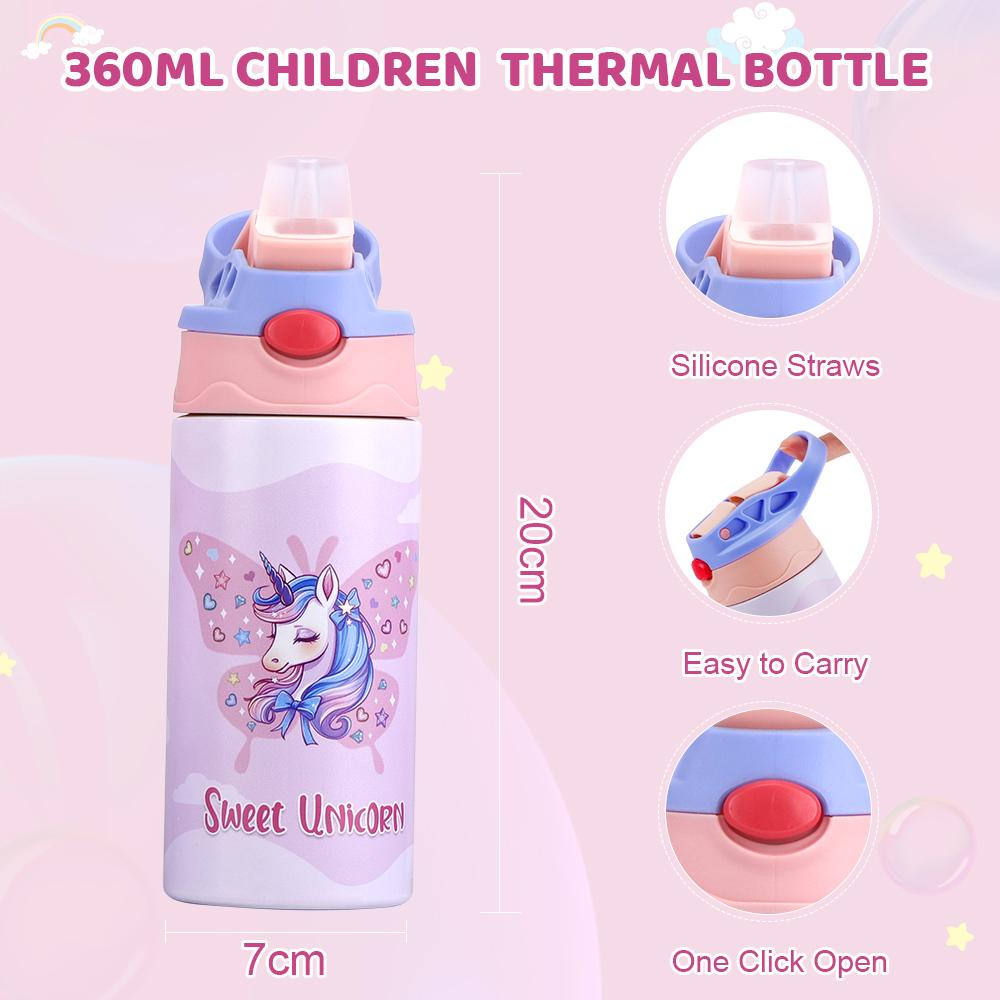 360ML Einhorn Kinder Wasserflasche Edelstahl Thermosflasche für Kinder Vakuumflaschen Thermobecher Kinderbecher mit Strohhalm