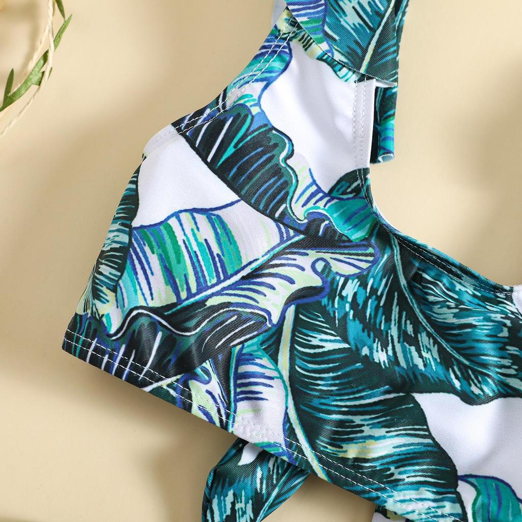 Girls' Green Leaf Print Two-Piece Bikini Set with Sun Protection
