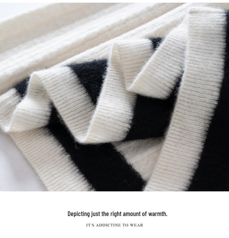 Autumn Winter Striped Round Neck Women's Cashmere Knit Sweater Pullover