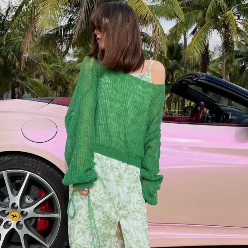 Women's Knitted Sweaters Thin See Through Casual Oversized Long Sleeve Sweater Lady Sexy Hollow Out Mesh Pullover Beach T-shirts