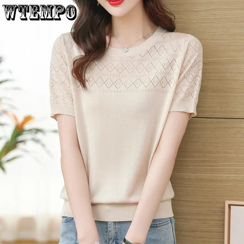 Summer Women's Round Neck Knitted T-shirt Thin Loose Short Slimming and Hollowed Out Top