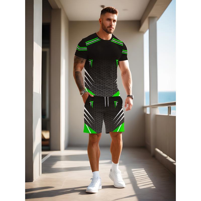 

3D printed design pattern, men s fashion round-neck short-sleeve and black shorts suit S