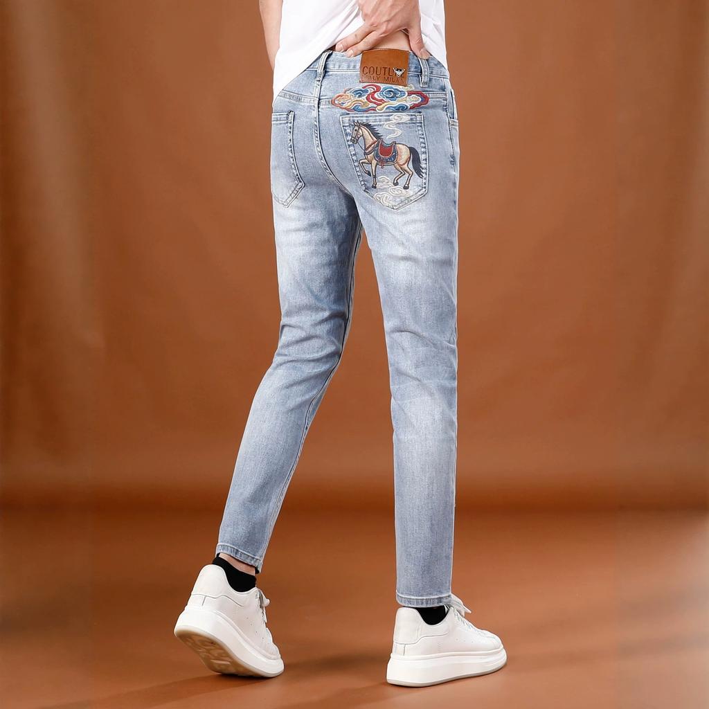 Summer New Washed Blue Thin Jeans Men's Trend Versatile Simple Men's Slim-fitting Small Feet Nine-point Pants