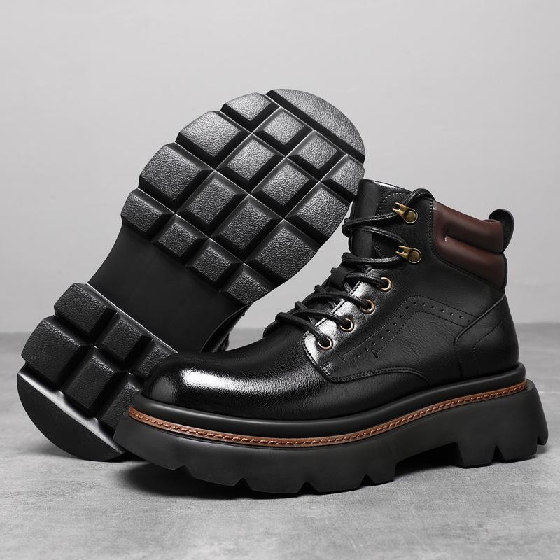 Thick-soled Heightening High-top Leather Shoes Men's Winter Velvet British Style Martin Boots Genuine Leather Locomotive Leather Short Boots Cott