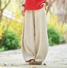Spring Summer Cotton Linen Style Bloomers Wide Leg Pants Women Vintage Full Length Elegent Pants Solid Elasitic Waist