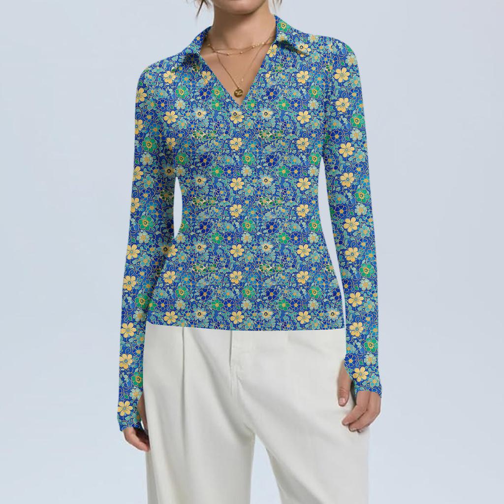 Damenmode Lässig Bedruckt V-Ausschnitt Langarm Knopfleiste Oberteil