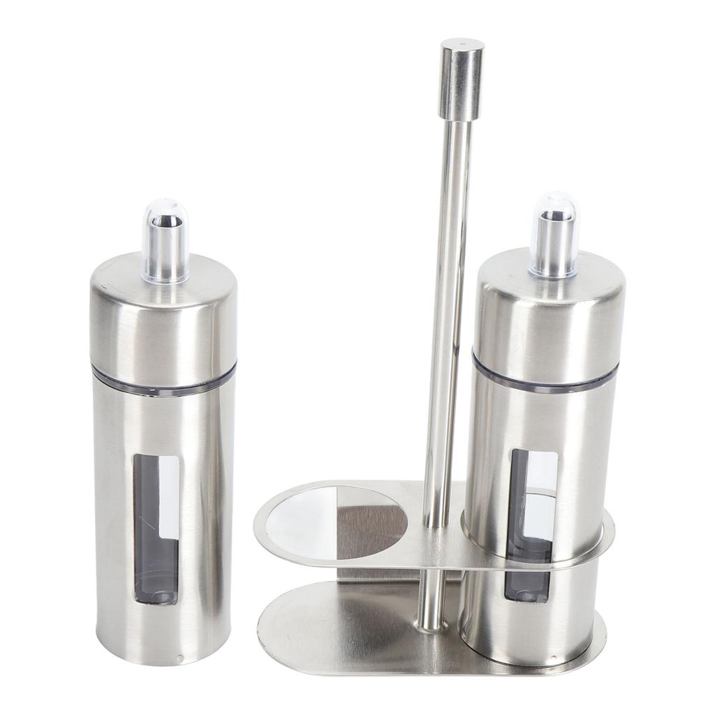 Oil and Vinegar Cruets 80ml Stainless Steel Olive Oil Dispenser Bottle Set with Base Stand Transparent Window for