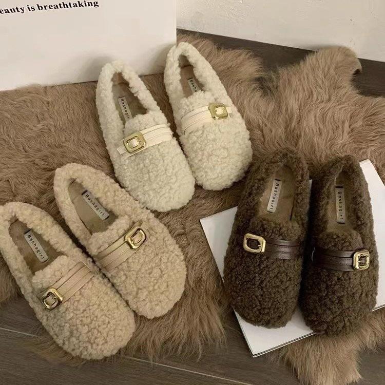 2025 new autumn and winter lamb wool warm piled cotton ladyshoes Korean version gentle pedal wool shoes women's outer wear