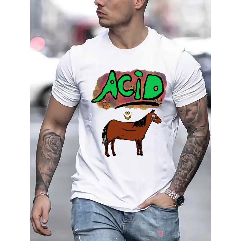 European Sizes Men'S Vibrant Acid Horse Graphic T-Shirt - Casual Crew Neck, Short Sleeve, Lightweight Tee for Summer & Spring