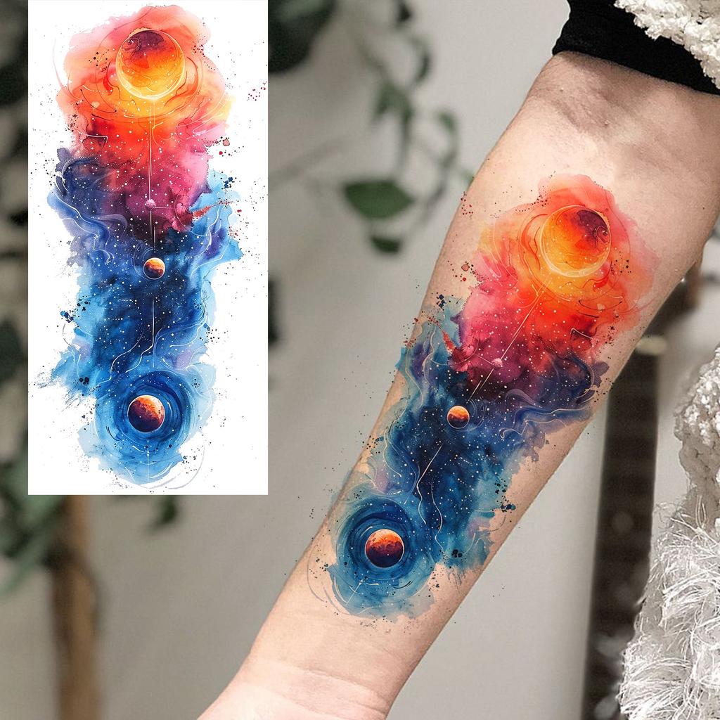 1 Sheet 3D Watercolor Universe Planets Temporary Tattoos For Men Women Long Lasting Waterproof Fake Tattoo Sticker Body Arm Art