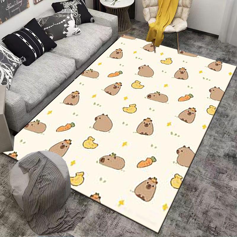 Cartoon Animal Carpet with Cute Brown Capybaras, Ducks, and Carrots Pattern Suitable for use as an anti-slip for living room bedroom sofas