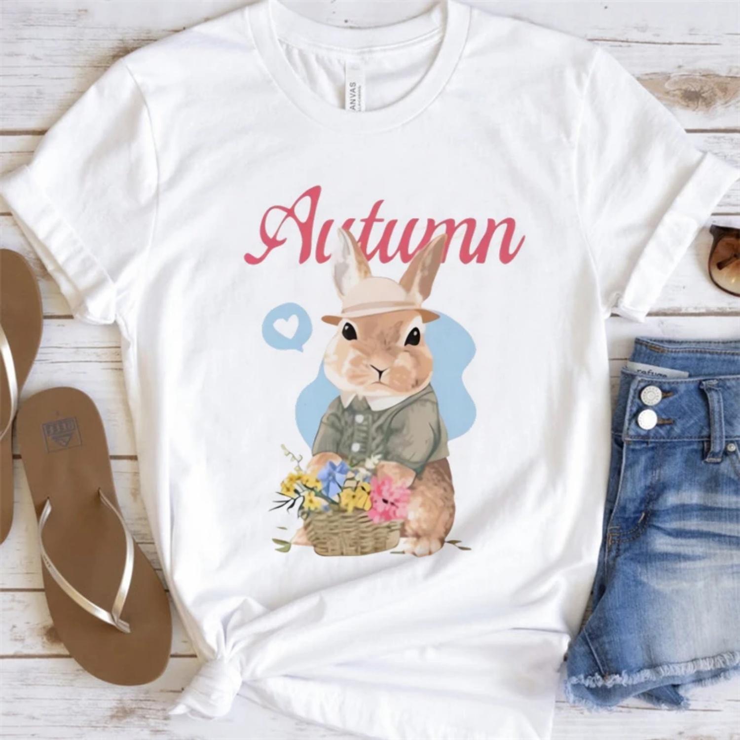 

Autumn Bunny Flower Women s Round Neck Short Sleeved Casual Printed Top Cute Cartoon Pattern Women s Fashionable Summer T-Shirt XXXXXL білий