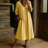 Women's V Neck Three Quarter Sleeve Loose Fit Lace Spliced Linen Blend Midi Dress Solid Color Casual Vacation Daily Wear Long Sundress