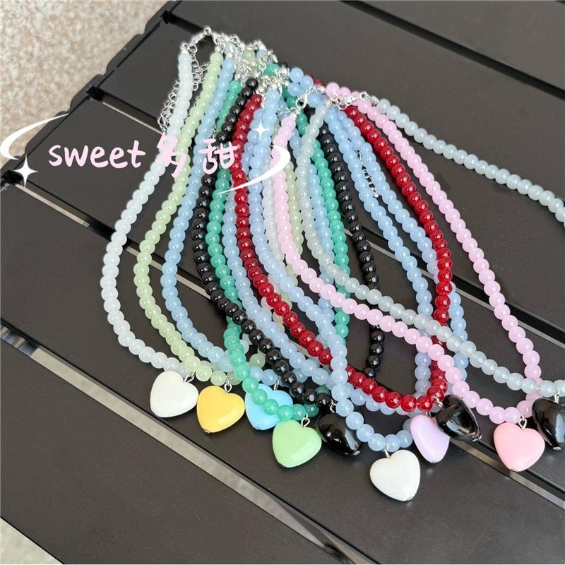 Trendy Resin Heart Pendant Candy Color Glass Beaded Chain Necklace For Women Girl Clavicle Chain Charms Jewelry Accessories Gift