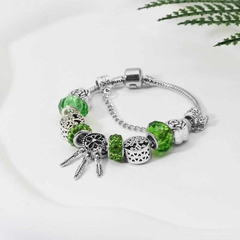 1pcs Bracelet For Men And Women Vintage Style Flowers Tree Of Life Feather Tassel Crystal Green System Beads Jewelry