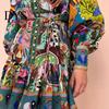 Stand Collar Lantern Sleeve Dress Fall Summer Women Single-breasted Long Sleeves Slim Vintage-inspired Waist Vintage Ruffle Edge Pleated Colorful