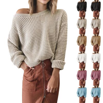 Womens Long Sleeve Round Neck Solid Color Sweater Casual Loose Knit Pullover Jumper
