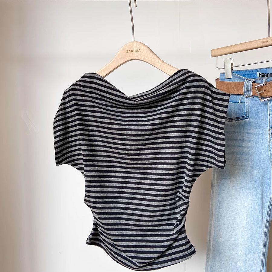 

2025 Summer French Inspired One-Shoulder Slim Tee L