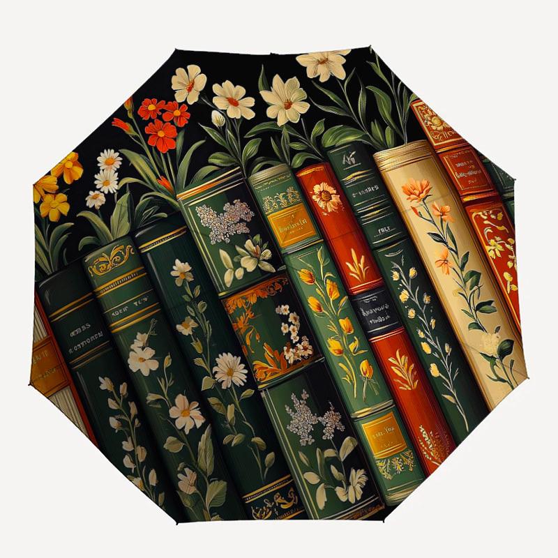 

1PC Floral Books Pattern Small Travel Automatic Folding Umbrella, Compact Windproof Umbrella, Automatic Open/Close ,Gift-091525