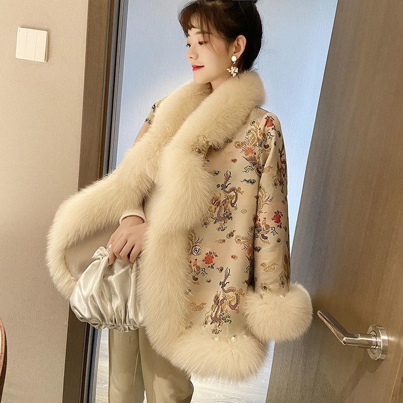 Women's Chinese-style Long Imitation Fox Fur Coat with Satin and Beaded Cape  Winter