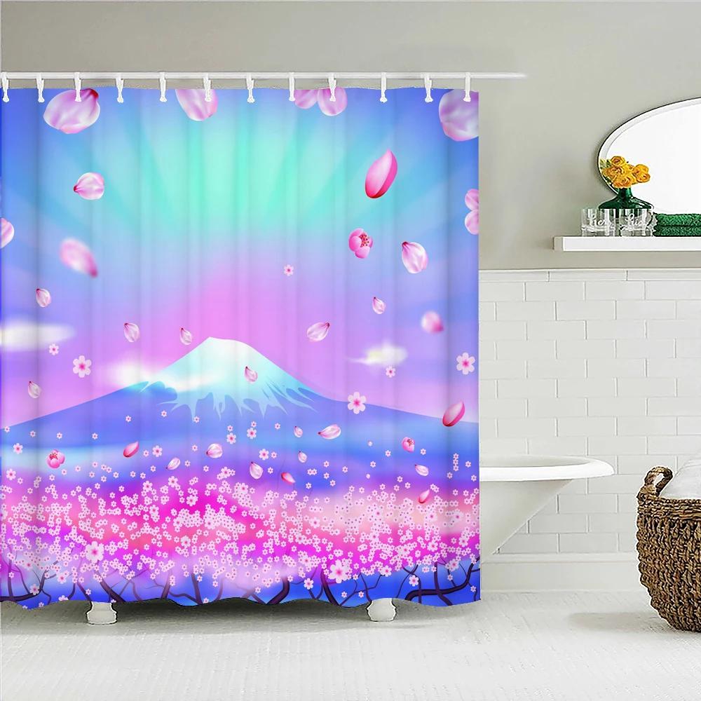 Japanese-style 3D Mount Fuji and Flower Print Shower Curtain With Hook Natural Landscape Home Decoration Bathroom Curtains