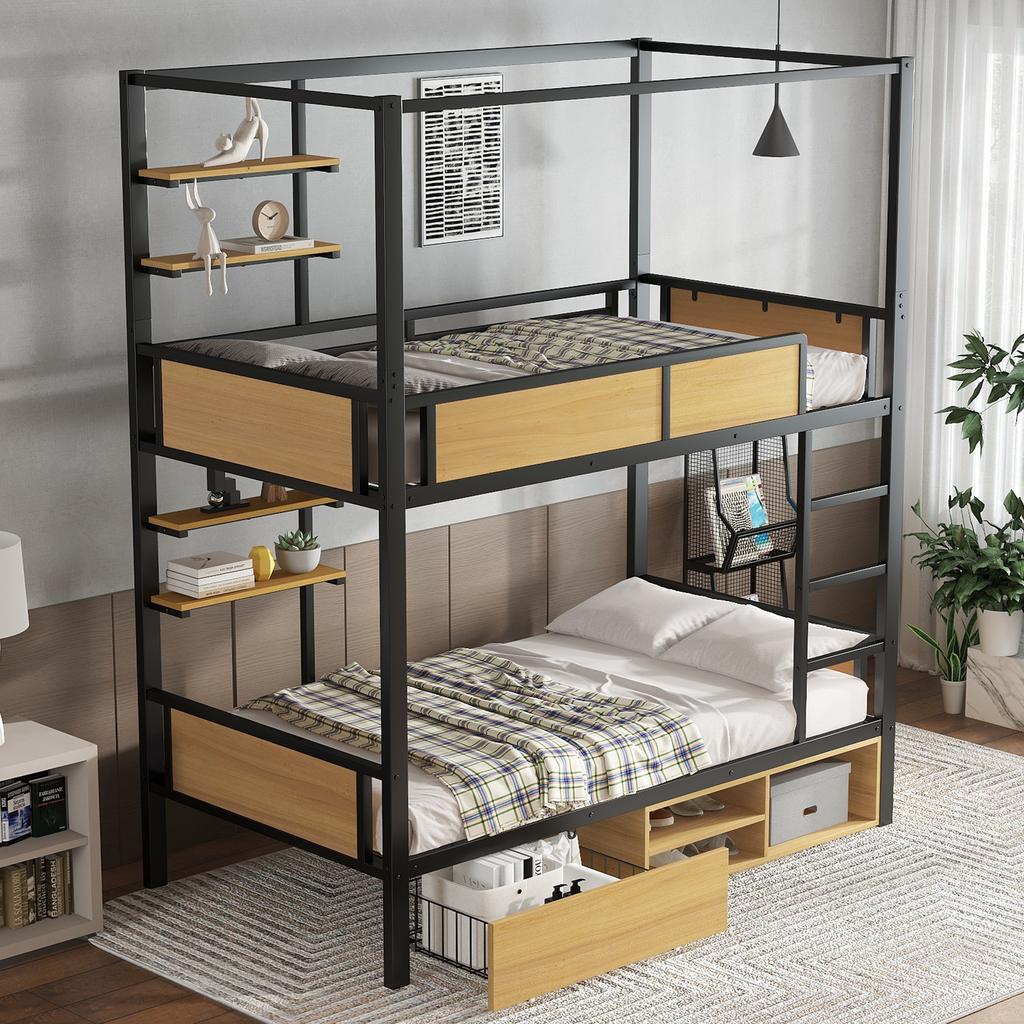 Bunk Bed, Iron + MDF, Double Shelf Board On the Side, Storage Space Under Bed, Bed Curtain Can Be Attached To Upper Bed, Black + Natural, 90x200cm