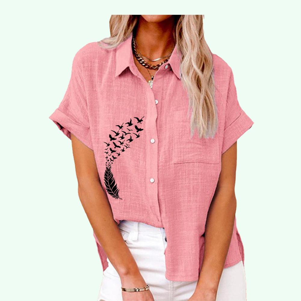 Women Fashion Print T-shirt Summer&autumn Casual Lapel Collar Top Ladies Buttoned-down Tee Shrit Loose Short Sleeve Blouses