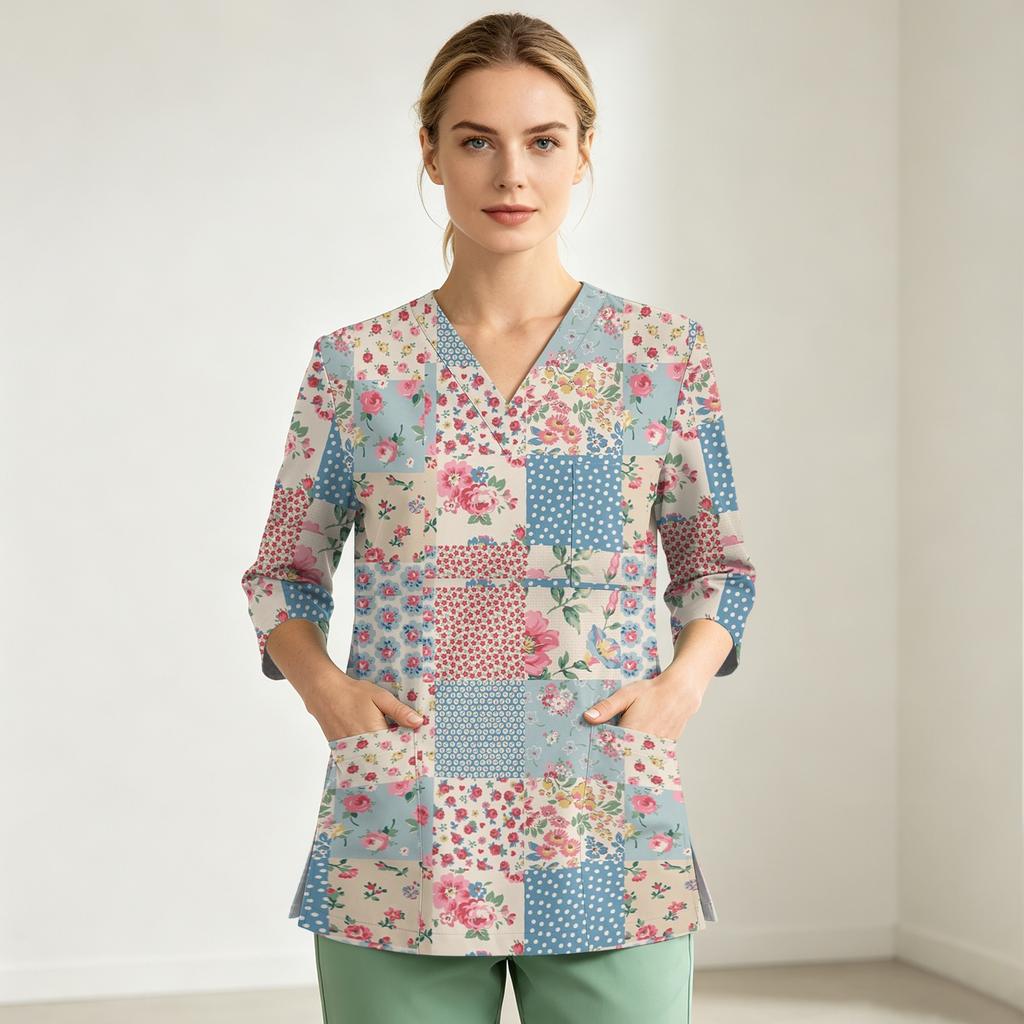 Women's Uniform Top, V-Neck with Single Pocket and Side Slit, 3/4 Sleeve