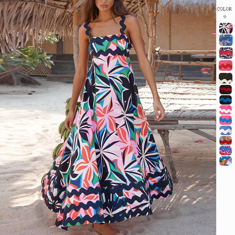 

Women s Floral Print V-Neck Maxi Dress with Ruffled Hem, Lightweight Beach Cover Up Dress for Summer S чорний