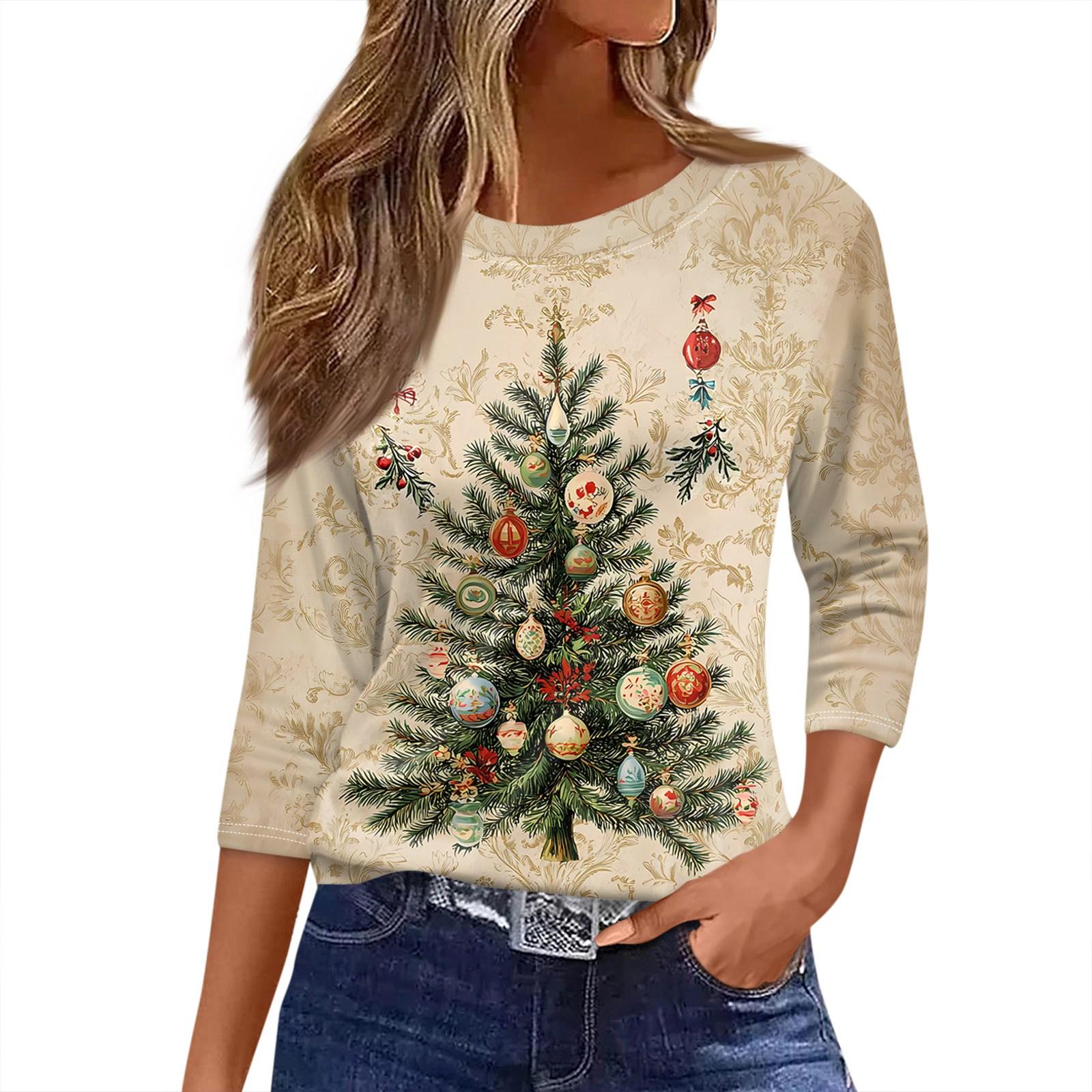 

Женская футболка с рождественским принтом, рукав 3/4, повседневная, модная, на выходные, базовая, с круглым вырезом, стандартный топ L