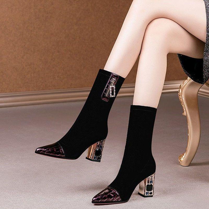 Fashion Elegant Heeled Slip On Rhinestone Women's Half High Boots New In Ladies Mid Calf Shoes 2025 Novelty Goth Luxury Hot Work Boot