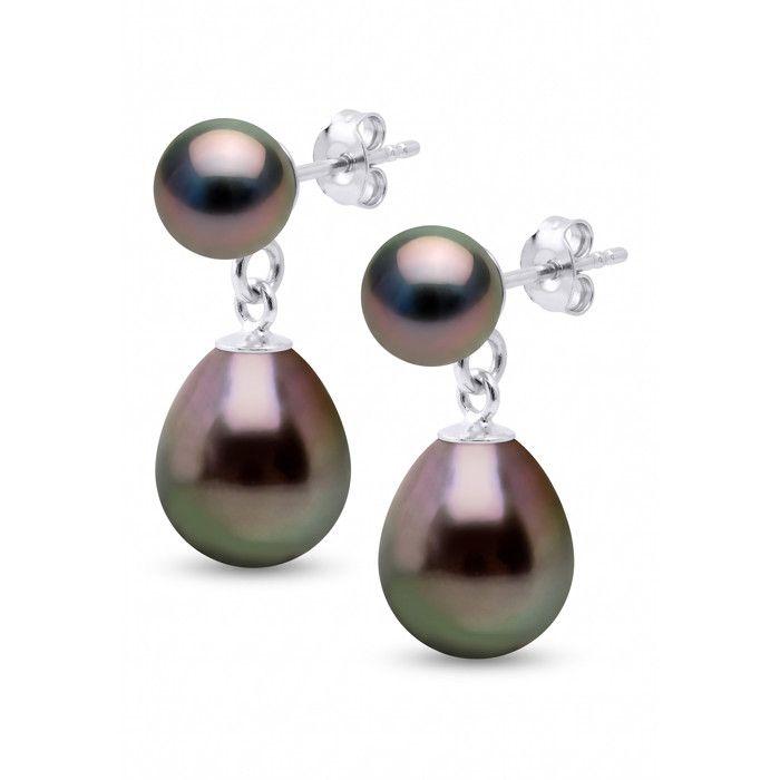 Boucles d'oreilles - PEARLS & COLORS - Boucles d'Oreilles Doubles - Perles de Tahiti 9-10 mm - Or blanc 375 - Noir