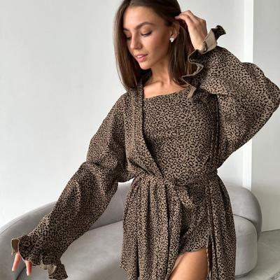 Knitted European and American Fashion Leopard Print Loose Ruffled Long-sleeved Camisole Shorts Pajamas Women's Three-piece Home Service