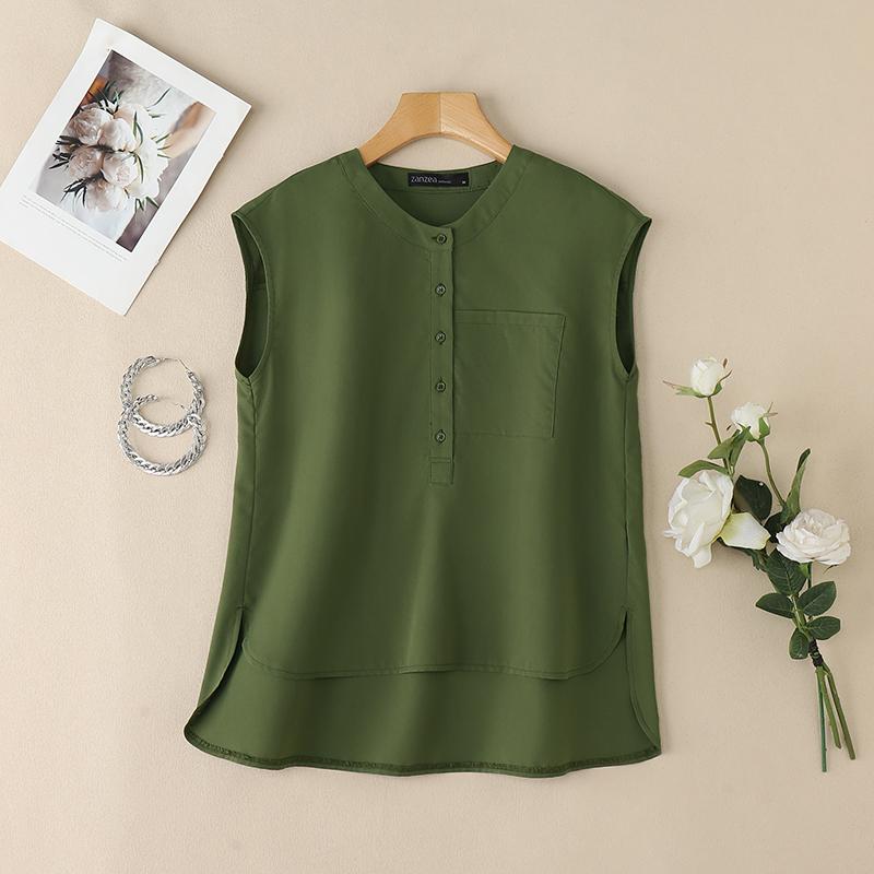 

ZANZEA Women Summer Casual Round Neck Loose Sleeveless Tank Tops S армія зелений колір