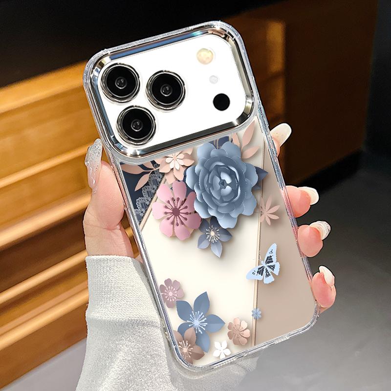 Romantic Rose Flower Pattern Case For iPhone 17 Pro Max iPhone 16 15 14 13 Pro Max 11 17e 16e Plating Lens Frame Clear Soft Silicone Back Cover