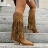 Fashion Tassel Long Boots Spring Autumn Women's Retro Style Pointed Head Solid Color Booties Vintage Shoes Rivet Knee-High Botas