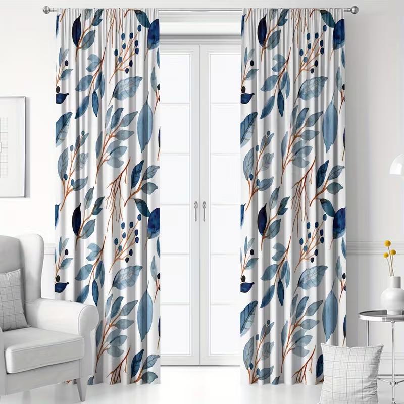 

2PC Blue Leaf Branch Watercolor Sheer Curtains - Fresh Minimalist Botanical Print Window Drapes for Living Room Bedroom Decor 24x59in(60x150CM)x2&Rod Pocket