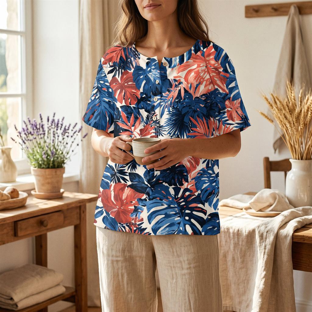 Damen Freizeit Hemd mit Print, Henley-Knopfleiste, kurzen Ärmeln, Baumwoll-Leinen-Mischung und Brusttasche für den Sommerlichen Alltagsgebrauch