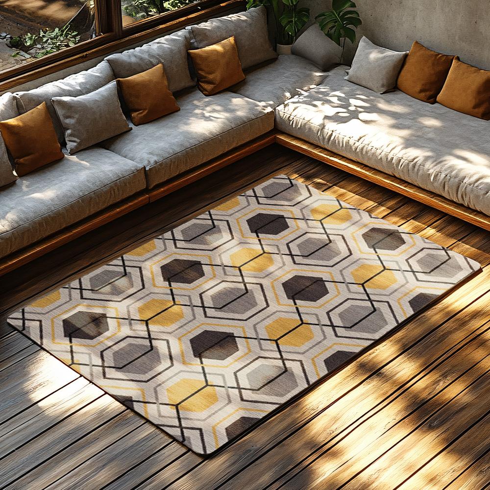 Yellow Gray Geometric Bohemian Rug, Modern Pattern Non-Slip Carpet, Cozy Living Room Mat for Scandinavian Decor