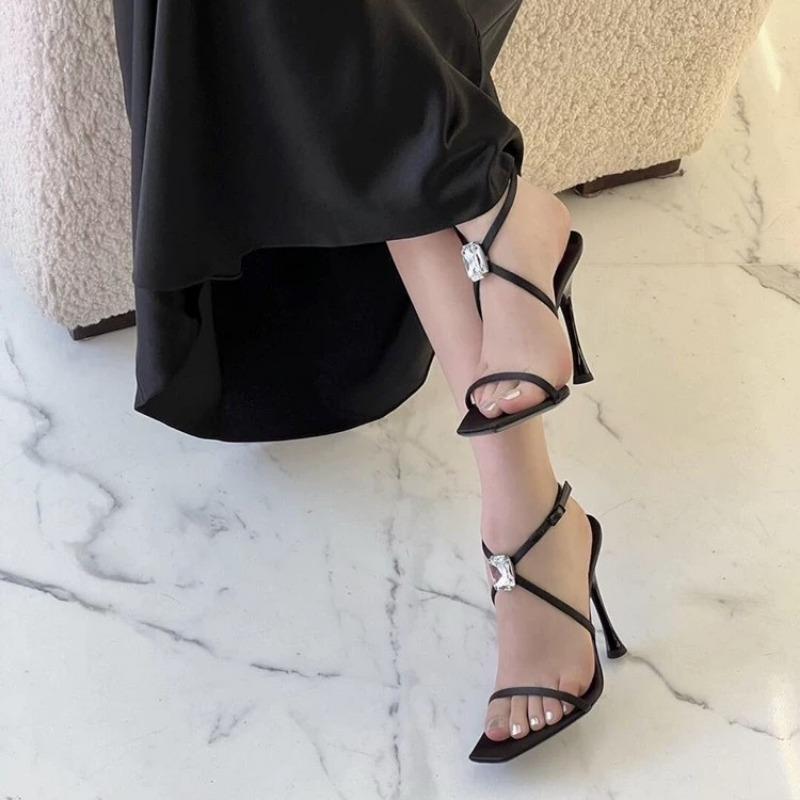Spring new rhinestone buckle square head word sexy black high heels women's satin fashion cross with open toes