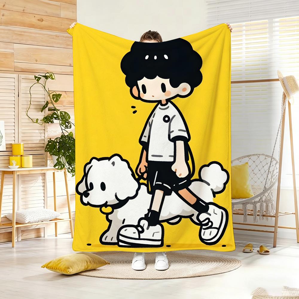 Cartoon Style Pets Warm Companionship Throw Lightweight 240G Flannel Blanket Soft Skin-Friendly For Summer Cooling