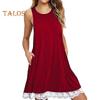 Lady Sundress with Side Pockets Lace Trim Hem A-line Sleeveless Round Neck Solid Color Mini Dress Summer Short Dress for Beach Dating Daily Wear