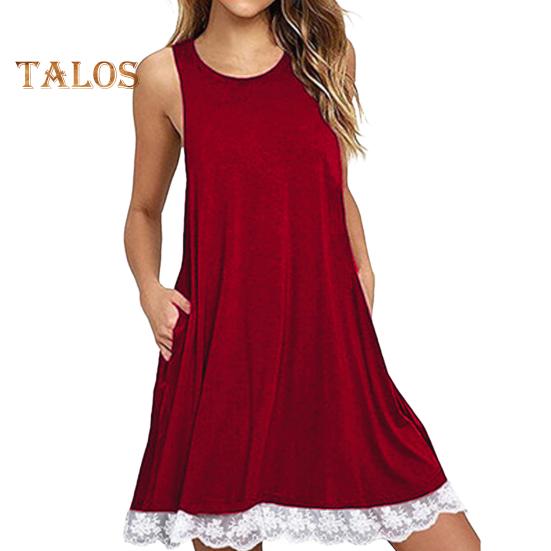 Lady Sundress with Side Pockets Lace Trim Hem A-line Sleeveless Round Neck Solid Color Mini Dress Summer Short Dress for Beach Dating Daily Wear
