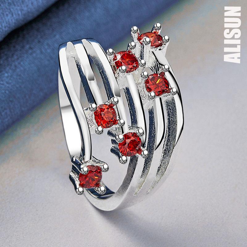 925 Sterling Silver Red AAA Zirkonový prsten Dárek Módní svatební šperky