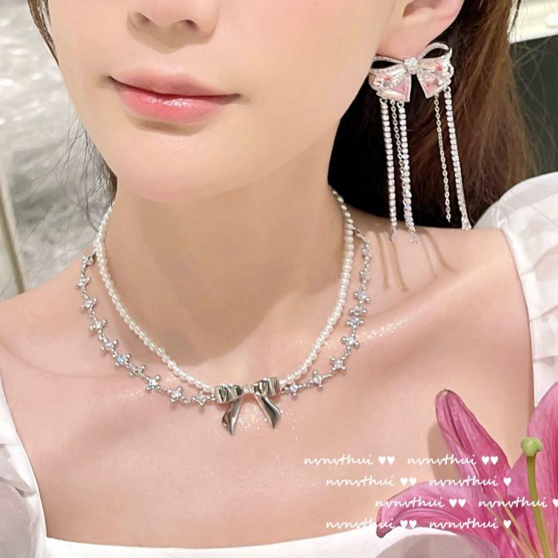 Mermaid Tears Bow Gem Bead Necklace Haute Couture Jewelry Magic Purple Garden Tube Diamond Studded With Pearl Earrings Set
