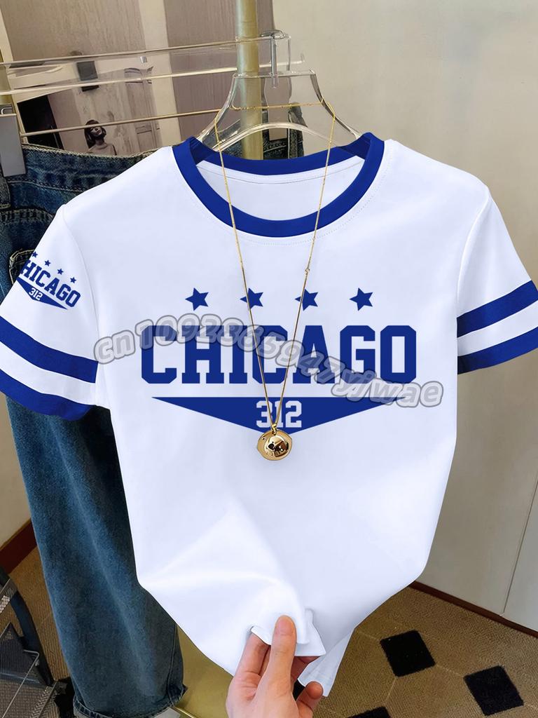 2026 Womens Short Sleeve Color-Block CHICAGO NO.32 Print Y2k T Shirt Girl Round Neck Tee Outdoor Sports Adult Women's T-Shirt