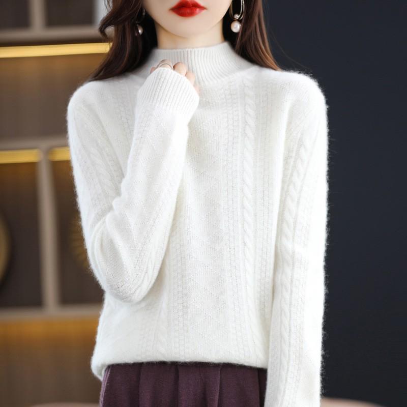 Women's Autumn & Winter Loose Fit Solid Color Cable Knit 100% Wool Sweater with Half-High Collar - Japanese & Korean Versatile Style