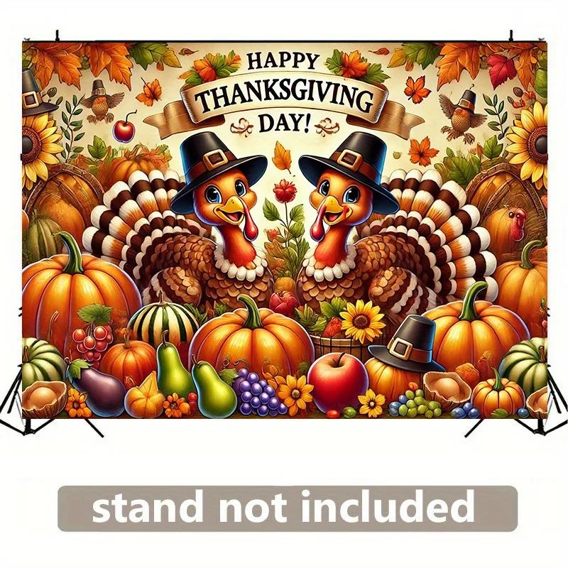 2D Background Banner 1pcs, Happy Thanksgiving, Turkey Pumpkin and Fruits Vibrant Backdrop for Home Party, Wedding