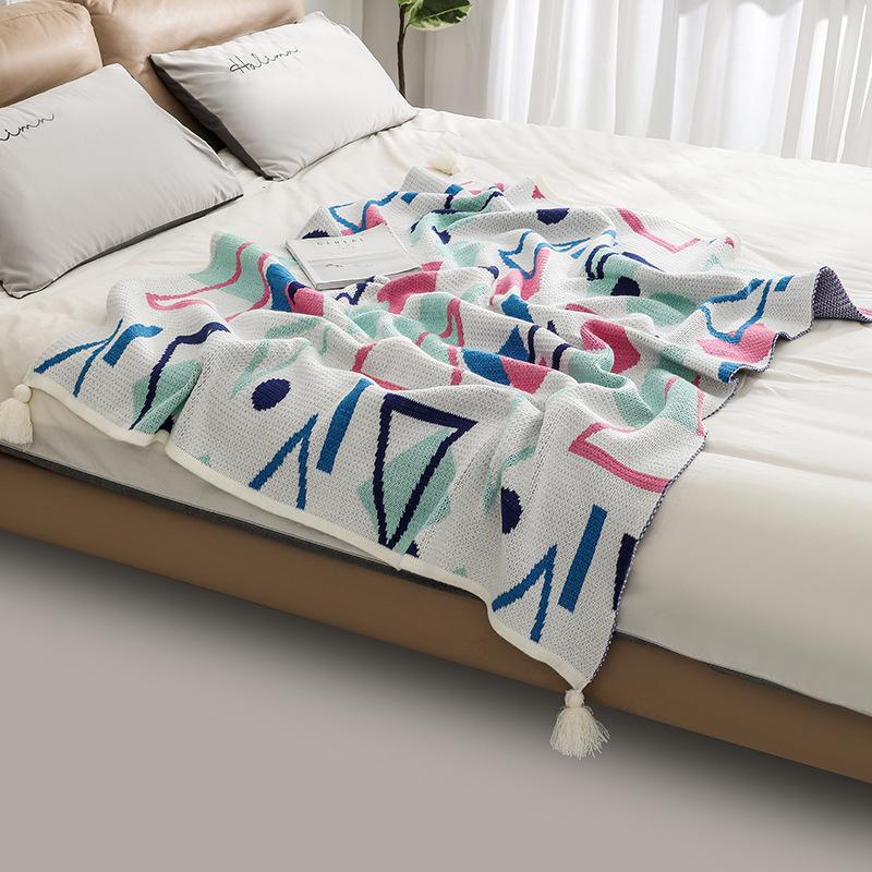 Boho Throw Blanket Ethnic Wave Tassel Knitted Sofa Cover Blanket Window Air Conditioning Blanket Cozy Office Home Napping Blanket