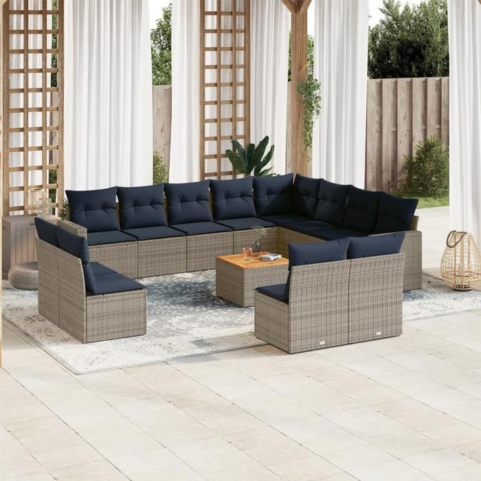 VidaXL Salon de Jardin avec Coussins 13 pcs, Canapés de Patio, Ensemble de Meubles, Mobilier de Terrasse Exterieur, Gris 3256705
